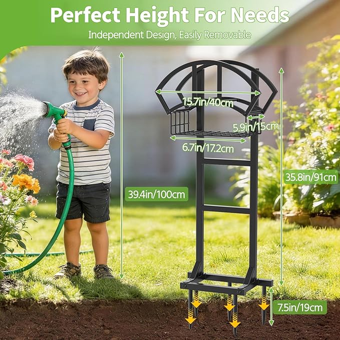 LASZOLA Garden Water Hose Holder Hanger for Outside, Freestanding Garden Hose Reel Rack Outdoor with Storage Basket, Heavy Duty Metal Water Pipe Stand 5 Spikes for Patio Yard Lawn, Holds 151ft, Black