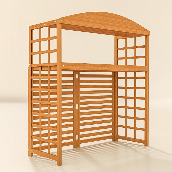 Outsunny Outdoor Air Conditioner Fence with Open Shelves, Wood Outdoor Privacy Screen Potting Table, Pool Equipment Enclosure for Patio, Slatted AC Fence for Outside Unit, Light Brown