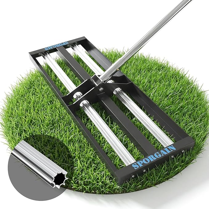 SporGain Lawn Leveling Rake 40"x10", Lawn Leveler with Aluminum Rollers, Yard Leveling Rake Stainless Steel with 27-80" Adjustable Handle, Heavy-Duty Ground Leveler Suit for Garden, Golf Lawn, Farm