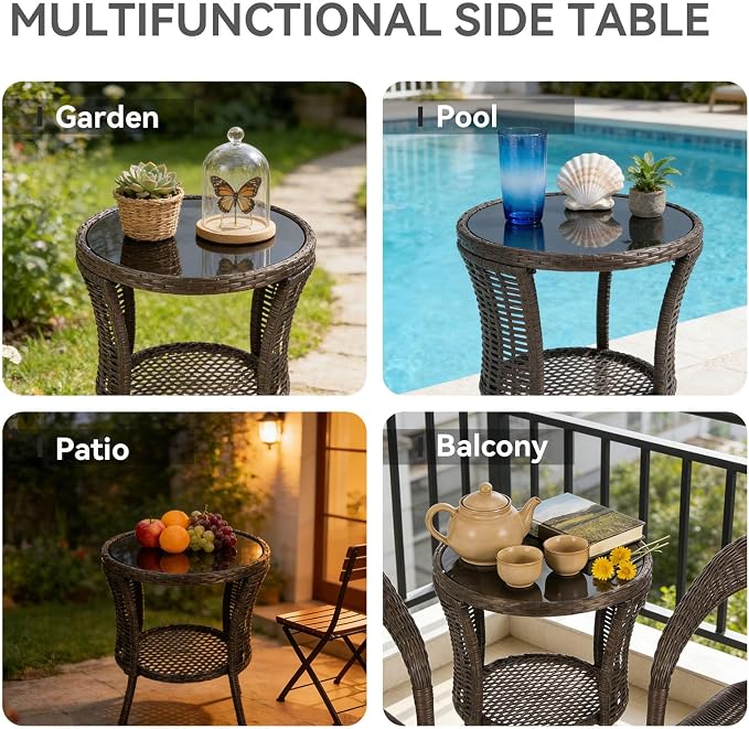 Outdoor Side Table - Patio Wicker End Table with Extra Storage Shelf, Rattan Outdoor Side Table with Round Glass Tabletop for Garden, Backyard, Porch, Black Gold