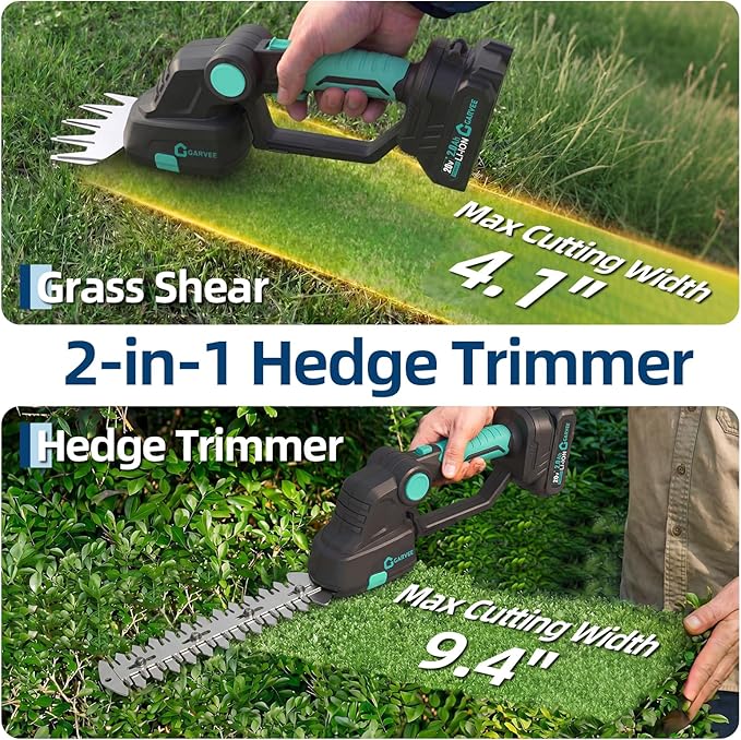 Garvee Cordless Hedge Trimmer with Battery - Grass Shear & Shrubbery Trimmer - 2 in 1 Handheld 20V Electric Grass Trimmer Hedge Shears Grass Cutter with 2 * 2.0Ah Batteries & Charge Base