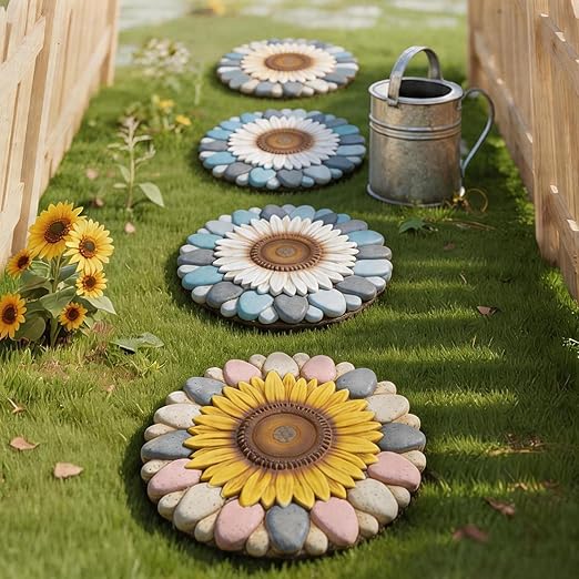 Sunflower Flower Cement Stepping Stones, 2 Pack, 10 Inch, Heavy Duty Non-Slip Outdoor Walkway Decor for Yard, Patio, Lawn