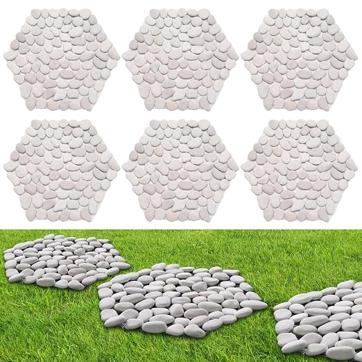 10in River Rock Stepping Stones Set - 6 Pack | Polished Pebble | Long-Lasting PVC Mesh Backing | Perfect for Garden Paths and Lawns Outdoor Landscaping Decoration | White Rhombus