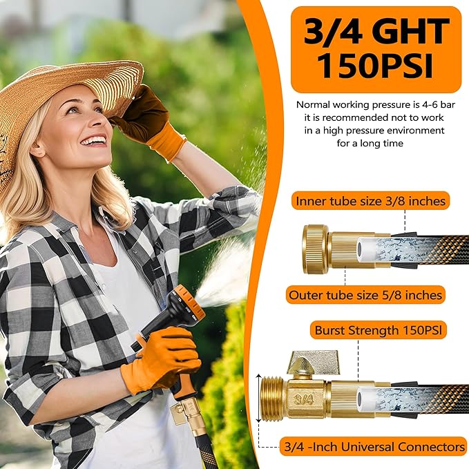Flexible Garden Hose 75 FT, Ultra Lightweight Water Hoses w/10 Function Sprayer and 3/4" Brass Fittings, Kink-Free, Sturdy, Abrasion Resistant for Yard, Lawn, Outdoor and Gardening(Black Orange)