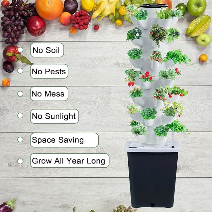 Hydroponics Tower Indoor Growing System Vertical Garden Planter Indoor Smart Garden Kit with Pump and Movable Water Tank Vegetable Plant Gift for Gardening Lover (Gray)