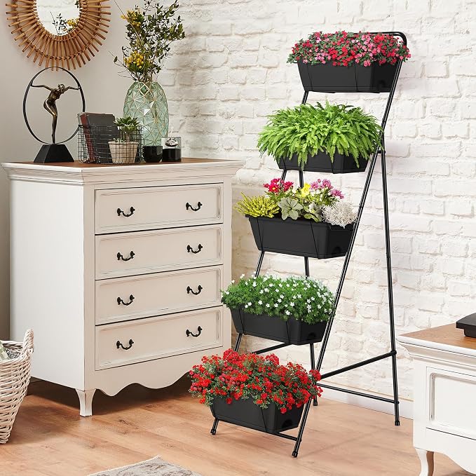 Vertical Garden Planter 5 Tiers Raised Garden Bed Outdoor Standing Herb Garden Planter with Drainage Holes and Removable Tray Planters for Outdoor Plants Vegetables Flowers Black