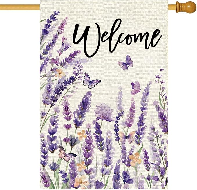 Baccessor Spring Welcome Lavender House Flag 28 x 40 Inch Vertical Double Sided Burlap Butterfly Purple Floral Flower Farmhouse Large Flag Holiday Seasonal Porch Outdoor Outside Decoration