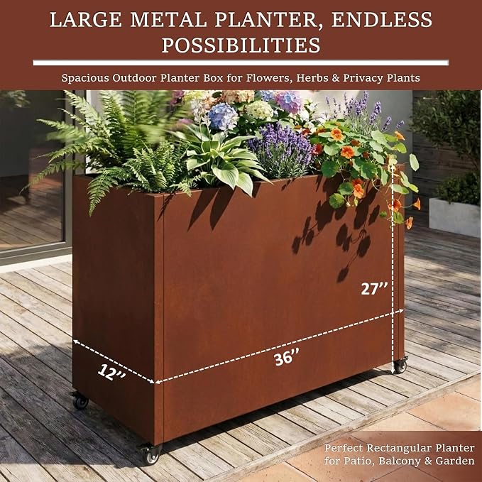 36 Inch Corten Steel Planter Box with Wheels, Tall Outdoor Rolling Planter with Drainage & Removable Shelf, Large Rectangular Weathering Steel Planter for Patio, Porch, Balcony & Garden