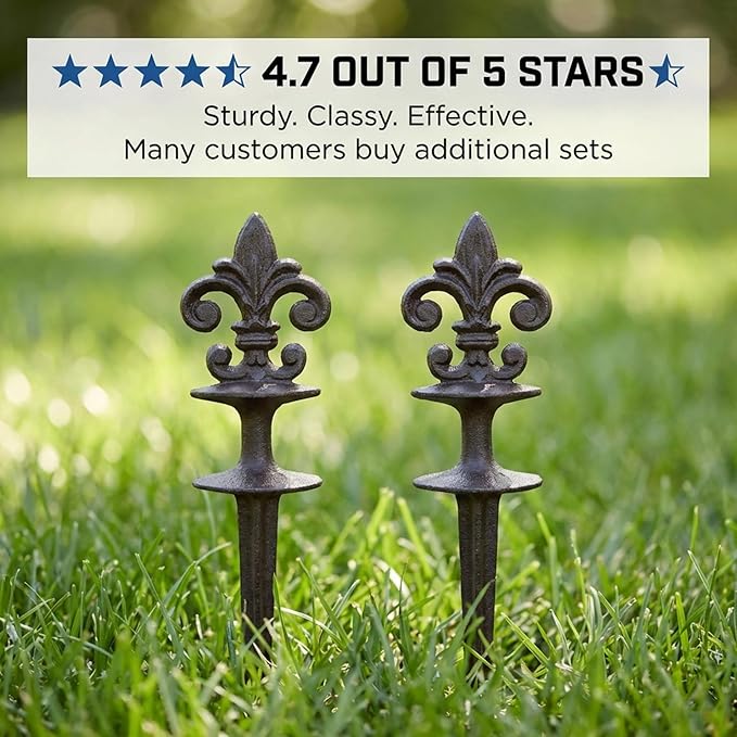 Lulu Decor, Antique Black Cast Iron Garden Fleur de lis Hose Guides, Set of 2. Strong and Decorative Hose Guide that Protects Your Plants and Provides Elegance to Your Garden