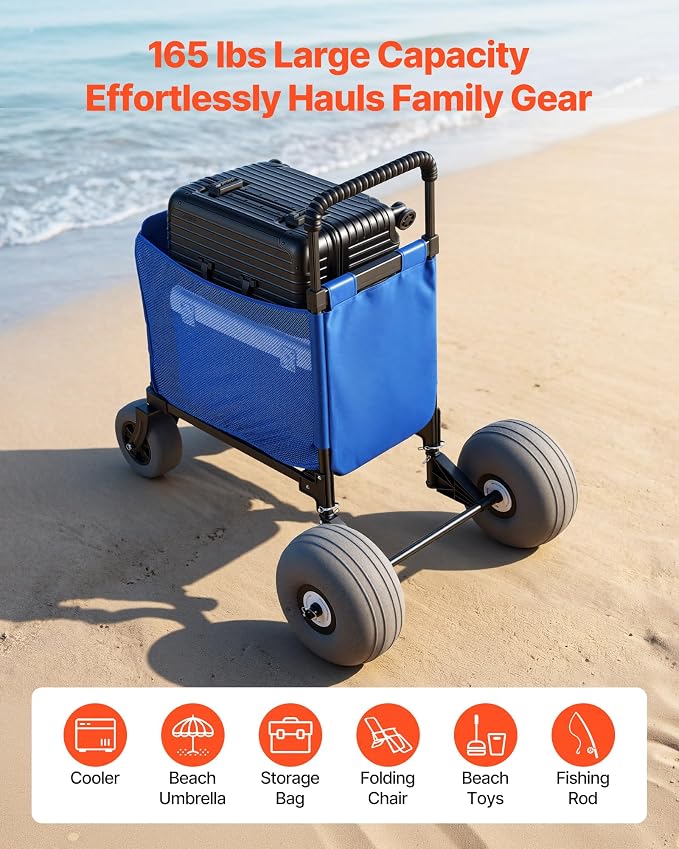 VEVOR Beach Cart, 165LBS Load Capacity, Portable Folding Beach Wagon Dolly with 12" Balloon Wheels for Sand, Storage Bag & 4-Level Adjustable Height for Outdoor Camping Fishing