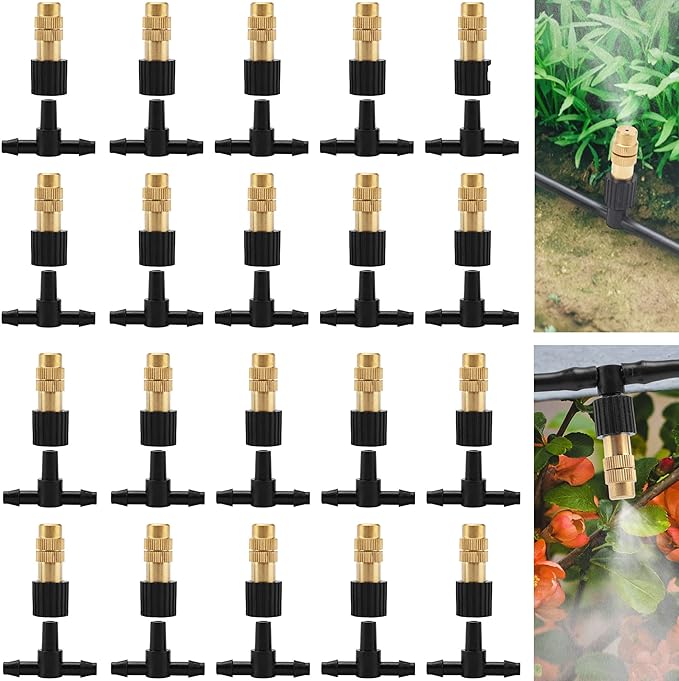 20Pcs Three-Way Atomizing Nozzle with Drip Irrigation Connector for 1/4 inch Drip Irrigation Tubing, Micro Spray Drip Irrigation Emitters, Adjustable Sprinkler Drip Irrigation Mister Kit
