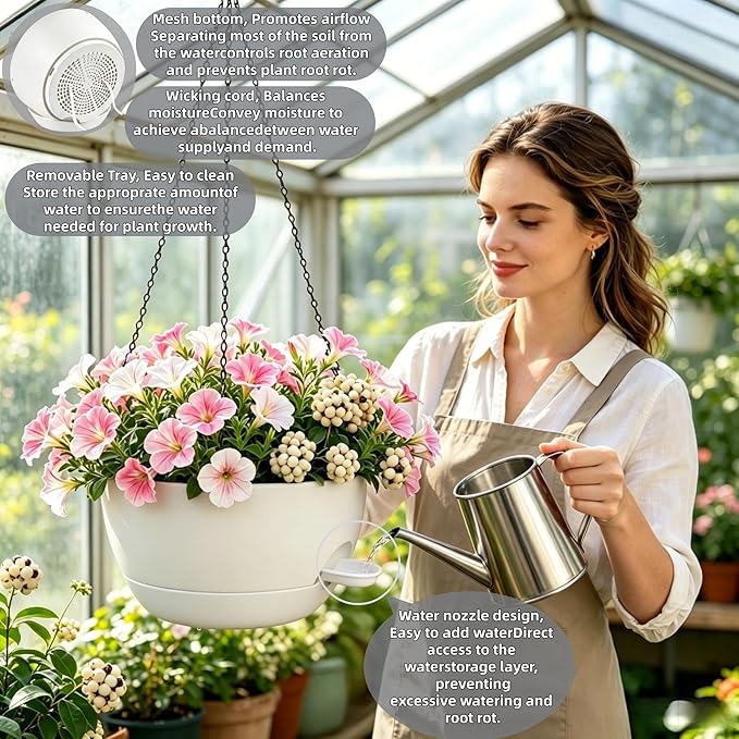 2 Pack 12" Self Watering Hanging Planters, White with Chains | Plastic hanging baskets with 43 Oz removable reservoir, for indoor outdoor plants, patio porch garden balcony decor