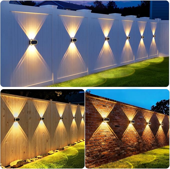 Ellasay Solar Fence Lights Outdoor: IP65 Waterproof Bright LED Wall Lighting with 3 Color Modes and 12 Hour Battery Life Perfect for Garden Backyard Porch and Holiday Parties 8 Pack