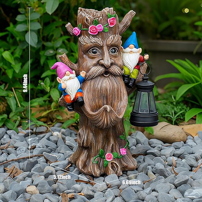 Joint Honglin Solar Tree Face Garden Statue with Lantern, Lighted Tree Gnome Garden Decor, Resin Forest Guardian Sculpture, Outdoor Waterproof Fairy Garden Decoration for Yard Lawn Patio Porch