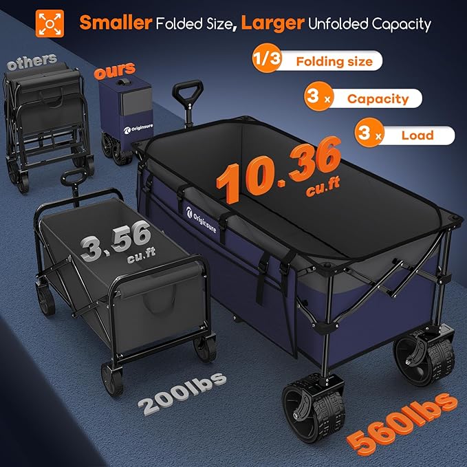 Originsure 48" L Collapsible Wagon Cart Foldable, 560lbs Weight Capacity 300L Heavy Duty Folding Beach Wagons with Big All-Terrain Wheels, Utility Carts for Groceries, Camping, Sports - Grey&Purple