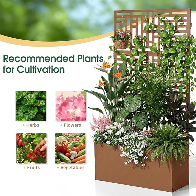 VINGLI 71"H Metal Raised Garden Bed with Trellis, Outdoor Planter Box for Climbing Vegetables, Fruits and Flowers, Privacy Screen, for Backyard, Patio, Balcony (Brown)