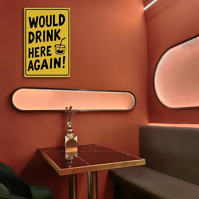 Vintage Metal Sign, Metal Wall Art, Funny Bar Signs, Motivational Positive Affirmations Wall Decor, Funny Tin Signs for Home Office School Gym & Locker Room 8x12 Inch (Would Drink Here Again)