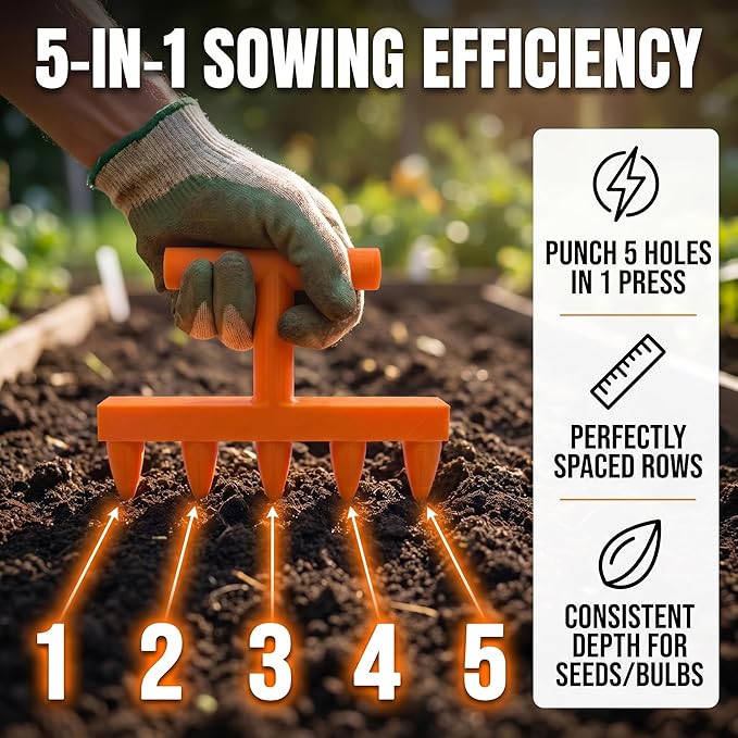 3D Printed 5-Prong Seed Dibber Gardening Tool, Unibody Hand Seeding Punch & Plant Hole Digger for Raised Beds, Seed Spacing Tool & Garden Row Maker, 7.1" x 4.7" (Green)