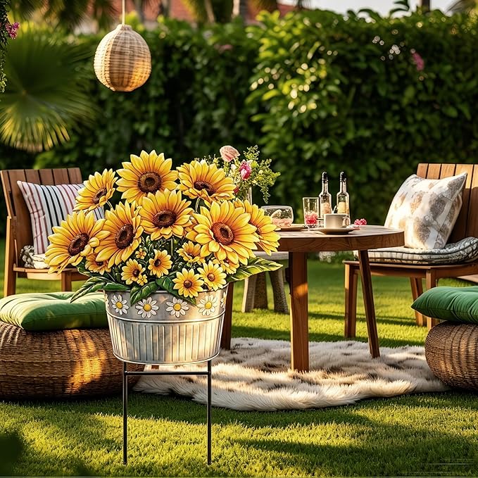 Amyhill Summer Sunflower Outdoor Decoration Metal Garden Stakes 23 Inch Sunflower Welcome Yard Sign Decoration Summer Decorative Garden Stake for Home Outside Lawn Patio Walkway Backyard Porch Decor