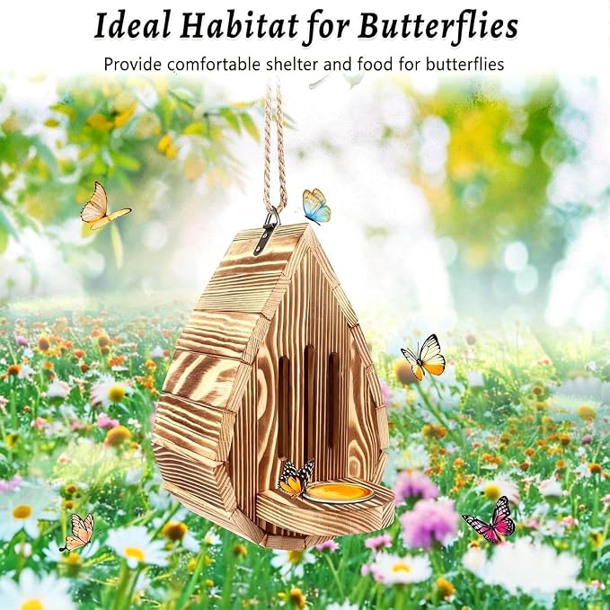 Teardrop-Shaped Wooden Butterfly Habitat & Feeder | Butterfly House and Feeder, Hangable Habitat Supports Breeding, for Backyard Balcony Yard Wedding Enthusiasts Gardeners Professionals Hobbyists