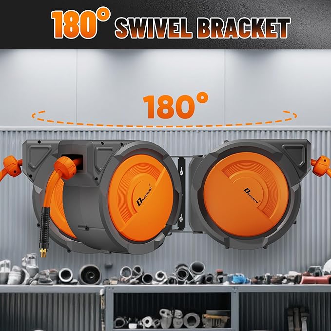 Retractable Air Hose Reel, 3/8" x 80ft Hybrid Hose, Auto Rewind Enclosed Air Compressor Hose Reel with 180° Swivel Bracket, Max 300 PSI Any Length Lock for Garage & Workshop