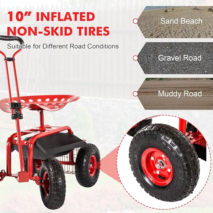KINTNESS Garden Cart Seat Rolling Scooter Wagon with Extendable Steering Handle Swivel Seat & Utility Basket (Red)