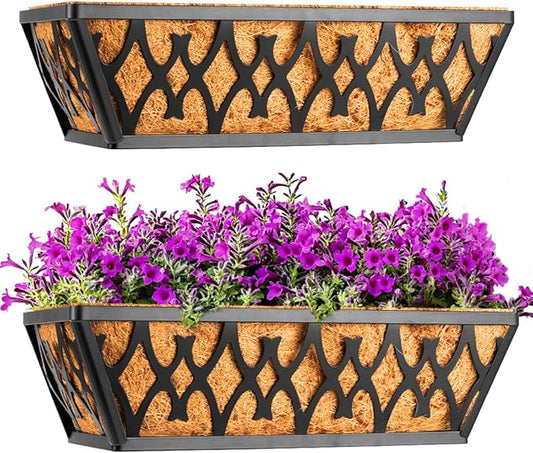 2 Pack 14 Inch Window Boxes Planters Railing Planter Box with Coco Liners Deck Railing Planter Boxes Balcony Hanging Flower Box for Outdoor Plants Garden Decor