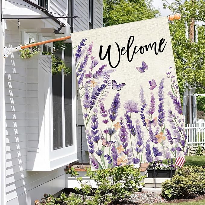 Baccessor Spring Welcome Lavender House Flag 28 x 40 Inch Vertical Double Sided Burlap Butterfly Purple Floral Flower Farmhouse Large Flag Holiday Seasonal Porch Outdoor Outside Decoration