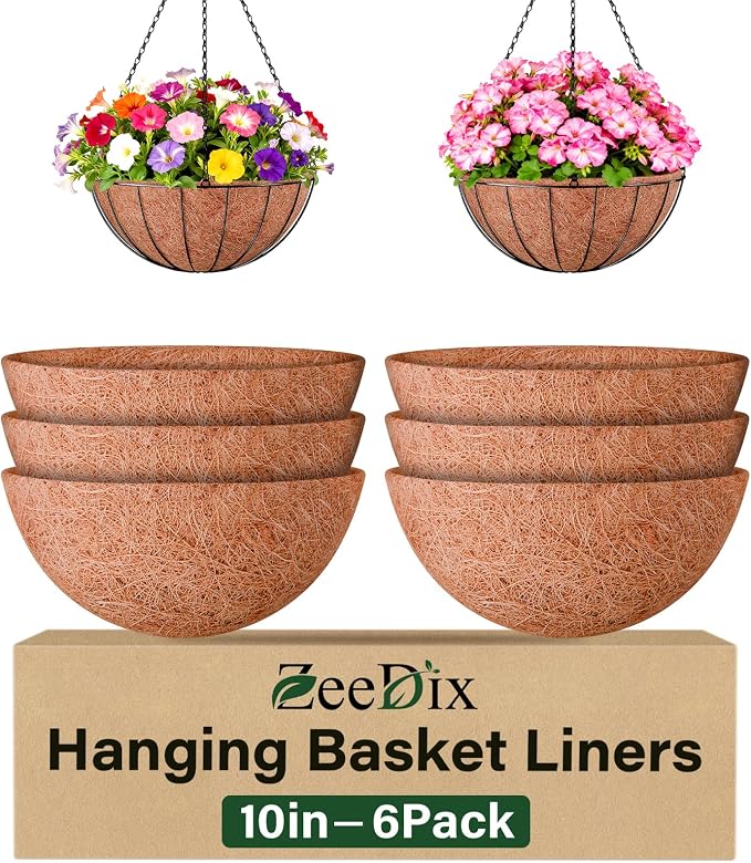 ZeeDix 6 Pack 10 Inch Coconut Liners for Planters, Round Hanging Basket Liners Natural Coco Coir Replacement Liner for Flowers Vegetables Patio Porch Garden Decor