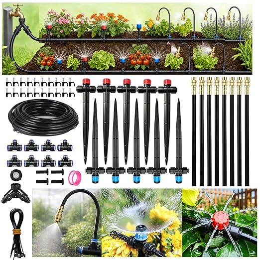 120FT Drip Irrigation System for Garden: Quick Connect 1/4" PE Tubing 18Pcs Automatic Water Sprinkler Kit Adjustable Misting Part Watering Hose, Outdoor Raised Bed Plants Flower Yard Greenhouse
