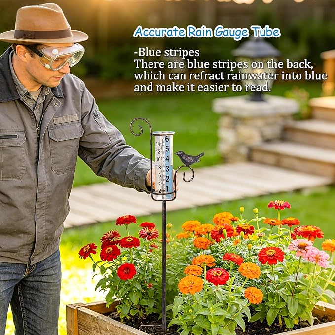 WONDER GARDEN Rain Gauge Outdoor, 6 Inch Capacity Large Number Easy Read Hummingbird Rain Measure Gauge for Lawn, Yard and Garden