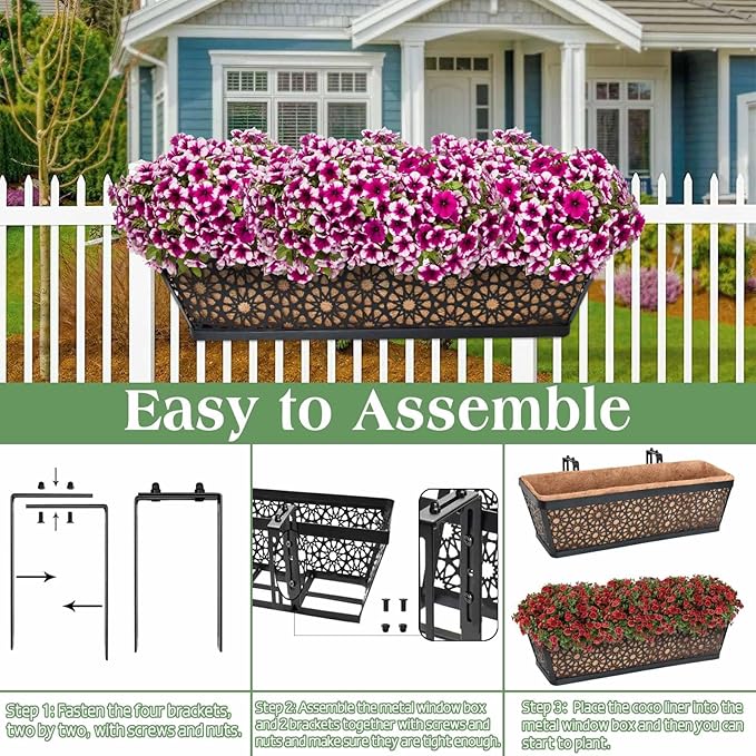 Halatool 4 Pack 30 Inch Window Box with Coco Liner Sturdy Metal Deck Railing Planter with Coconut Coir Basket Liners for Windowsill Fence Porch Balcony and Patio Outdoor Indoor Lawn
