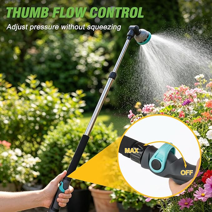 Telescoping Watering Wand 37-55 Inch, 9-Pattern Heavy Duty Garden Hose Nozzle with Pivot Head and Thumb Flow Control, Metal Extendable Wand for Hanging Baskets Shrubs Car Washing