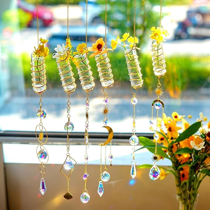 HDCRYSTALGIFTS 4Pcs Crystal Suncatchers with Propagation Stations,Glass Wall Planters for Indoor Plants Hydroponics - Propagation Tubes Jars with Sun Catchers Metal Chain for Home Whimsical Decor