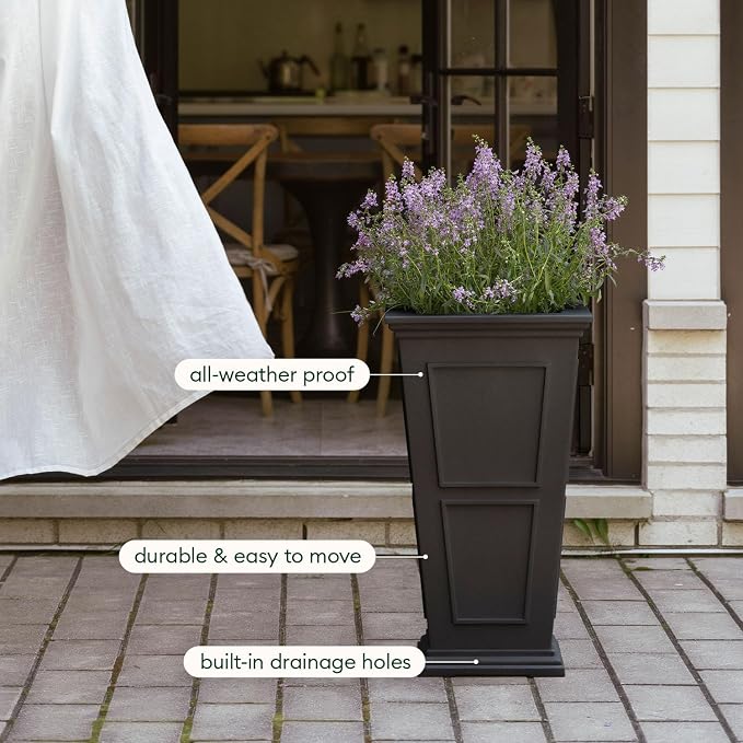 Veradek Brixton Series Tall Plastic Planter (Black, 26" H x 14.75" W x 14.75" L - 2 Pack with Shelf)