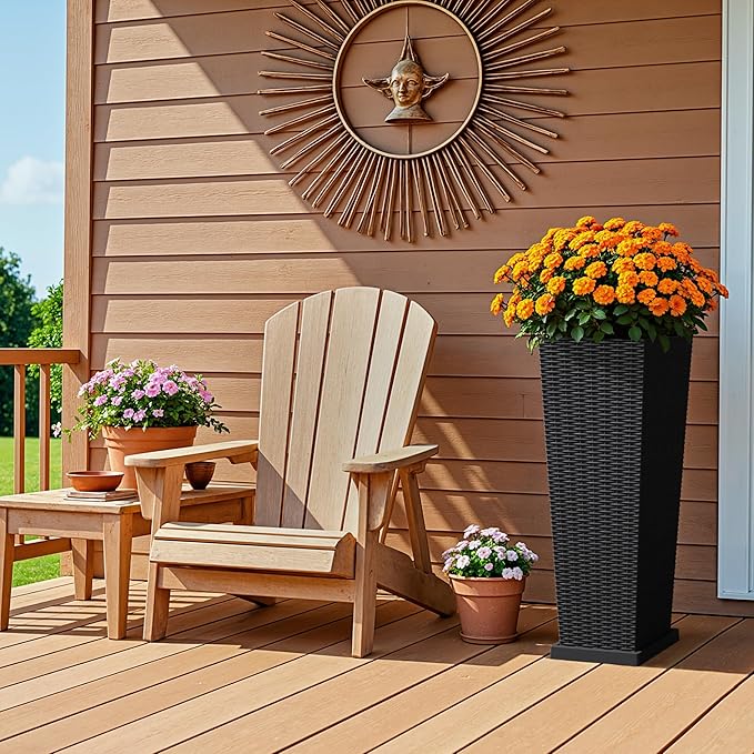 Devoko Resin Tall Planters for Outdoor Plants Set of 2, Large Taper Outdoor Planter Pots with 4 Drainage Holes, Flower Pots Modern Decor for Porch, Patio, Backyard, Garden(Black, 32" with Trays)