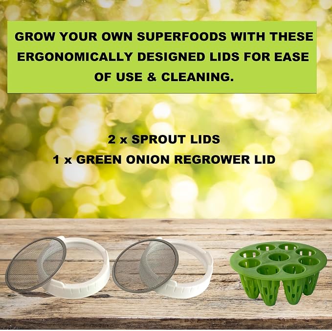 Sprouting Lids & Green Onion Regrower for Wide Mouth Mason Jars. Sprouts Growing Kit for Bean Sprouts, Broccoli Organic Sprouts