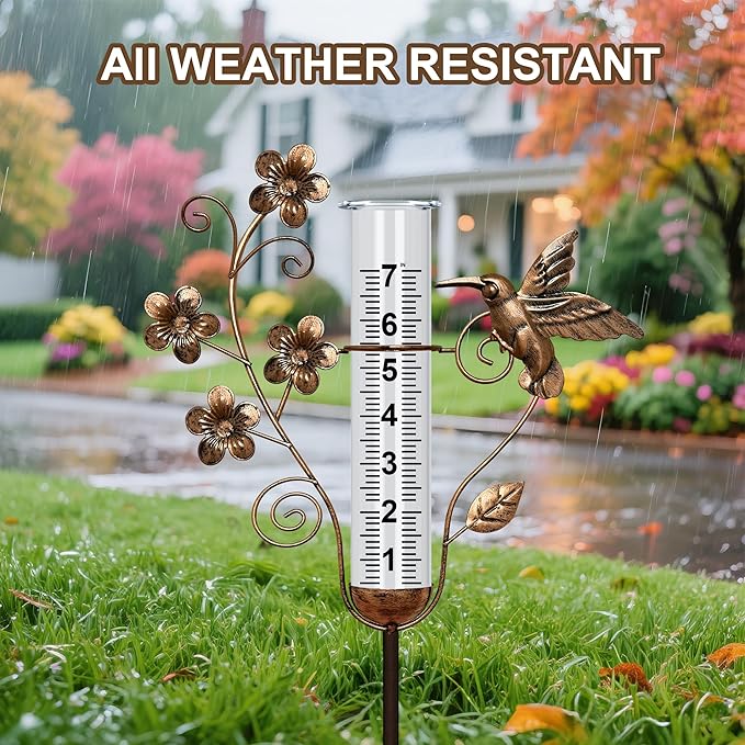 shumi Rain Gauge Outdoor - 7 Inch Rain Gauges for Measuring, Bronze Hummingbird Decorative Rain Gauges Feezeproof, Metal Flower Water Gauge for Garden Yard Decor, Gardening Gifts for Women