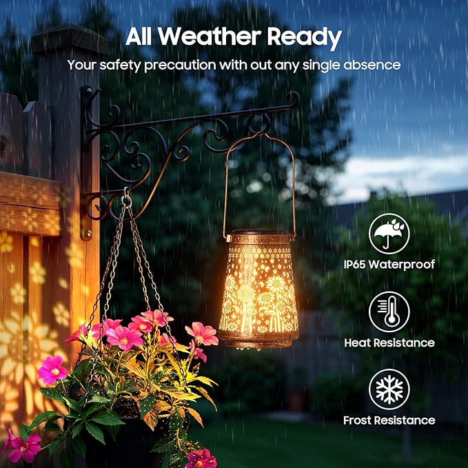 2 Pack Solar Lanterns Outdoor Waterproof Birthday Gifts for Women Mom Grandma, Hollowed-Out Metal Sunflower Hanging Solar Lantern Lights Outdoor Decor, 2 Lighting Modes for Yard, Patio