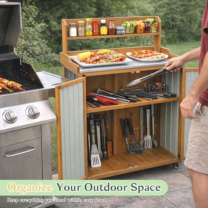 Outdoor Storage Cabinet with 4 Wheels and Handle, Metal & Wood Potting Bench Storage Cabinets with Waterproof Top, Removable Shelf, Potting Table & Workstation for Garden, Patio, Balcony, Garage