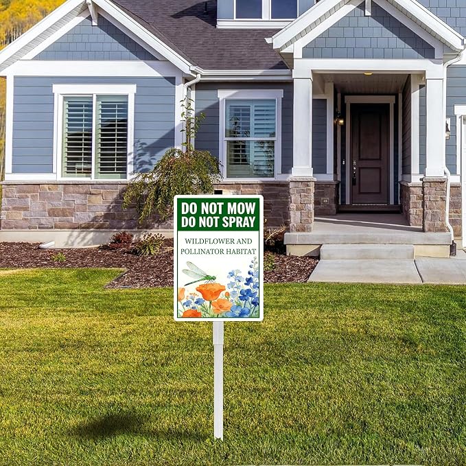 Do Not Mow Do Not Spray Wildflower and Pollinator Habitat Yard Sign With Stakes Rustproof Reflective Aluminum Pollinator Friendly Dragonfly Garden Sign Stand Outdoor 8X12 IN