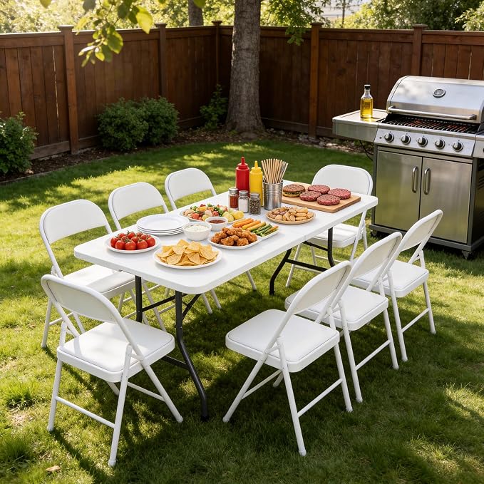 Folding Table, 5 FT Foldable Plastic Table with Carrying Handle, Heavy Duty Portable Fold-in-Half Utility Table for Party, Camping, Banquet, Craft, Wedding, Indoor & Outdoor Use