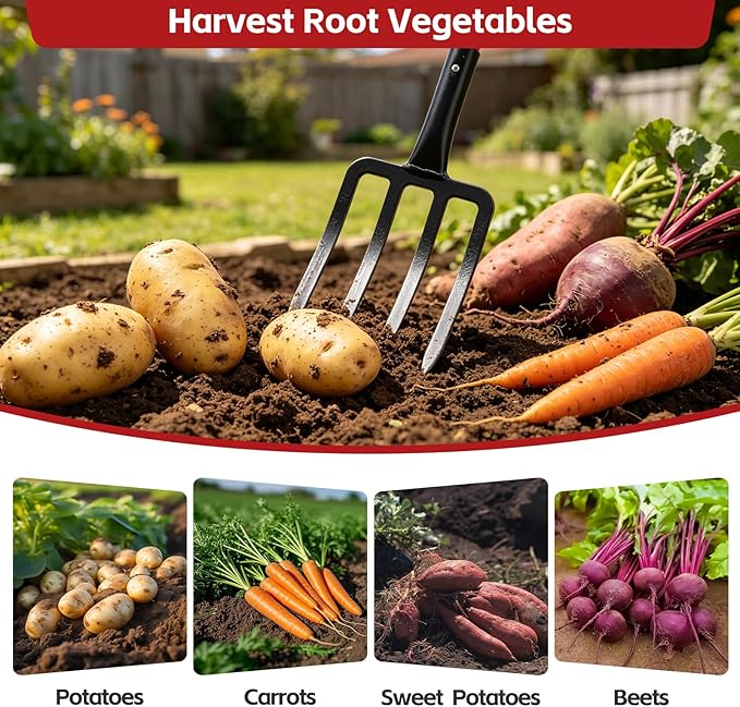 47IN Garden Pitchfork, One-piece Design 4-Tine Garden Fork Heavy Duty Digging Manure Forks for Potato Digging Mulch Spreading Loosening Soil Hay Compost Aeration Transplanting Farm Garden