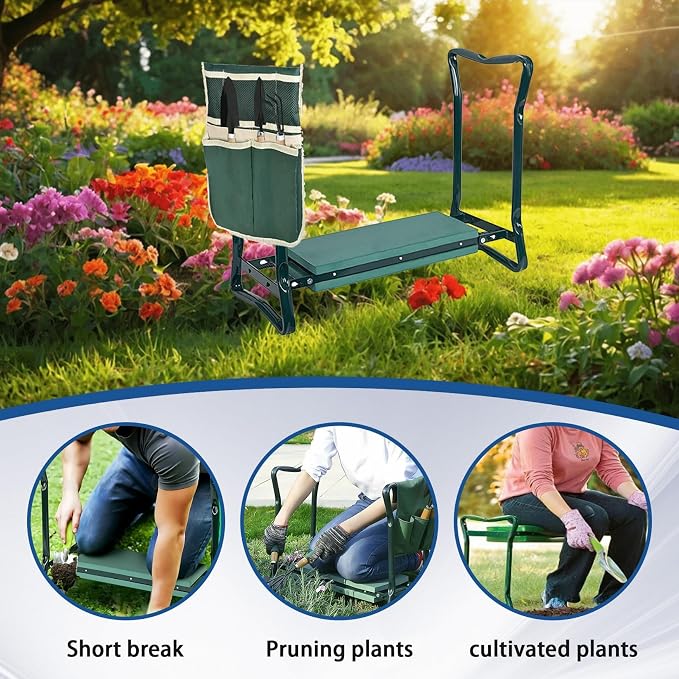 WFLNHB Garden Kneeler and Seat Stool Bench Foldable Kneeler Portable Garden Folding Stool with Tool Pouch and Soft Kneeling Pad