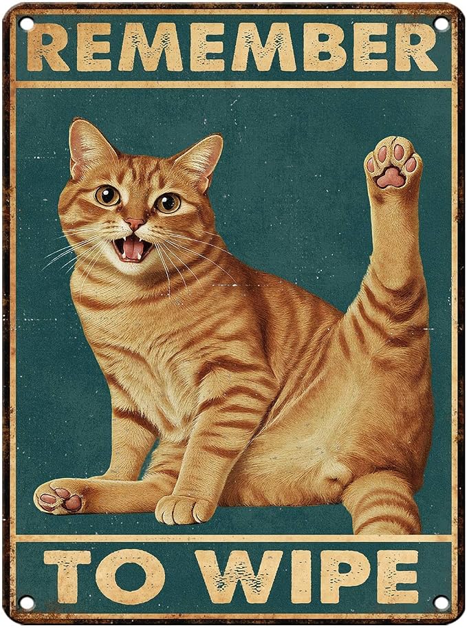 Retro Orange Tabby Tin Sign Remember To Wipe Vintage Cat Wall Decor Funny Nostalgic Metal Poster Cat Lovers Decorations for Home Bathroom Toilet Indoor Bedroom 16 * 12 In