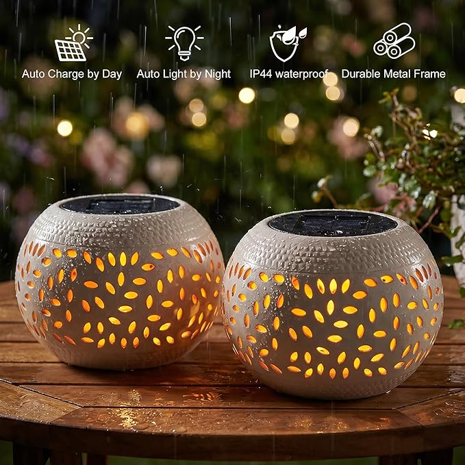 Solar Table Lanterns Outdoor Waterproof-2PACK Dancing Flickering Flame Solar Lights,White Metal Desktop Decorative Lamps for Gifts for Women Mom Desk Patio Garden Yard Decor
