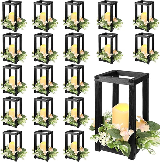 Hushee 60 Pcs Wooden Wedding Lantern Centerpiece Integrated Holders with Candles and Wreaths Rustic Wooden Candle Lantern Decor for Wedding Party Table Valentine Decor (Black)