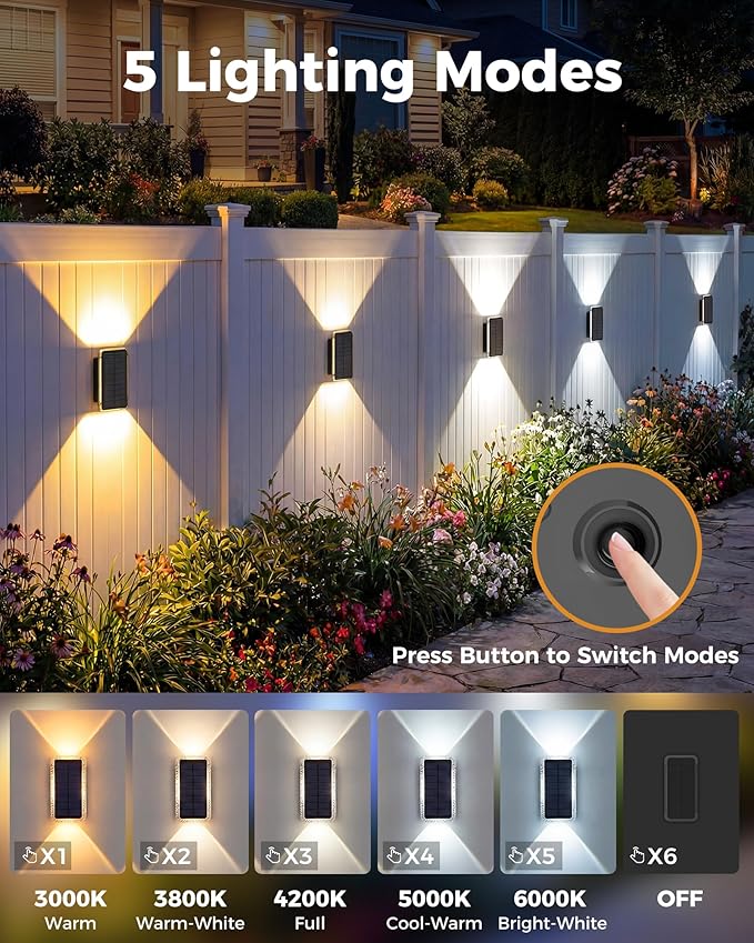 vighep Solar Fence Lights Outdoor 4 Pack, 5CCT(3000K-6000K) Up and Down Solar Wall Lights, IP65 Waterproof Dusk to Dawn Fence Lights Solar Powered for Patio, Porch, Backyard, Garage, Wall Decor