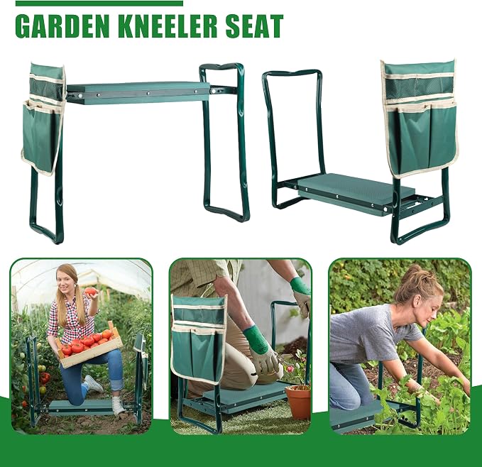 Garden Kneeler and Seat with EVA Foam Pad - Sturdy & Lightweight Foldable Gardening Bench Stool with Tool Bag Pouch, Practical Outdoor Kneeling and Sitting Tool (Green)