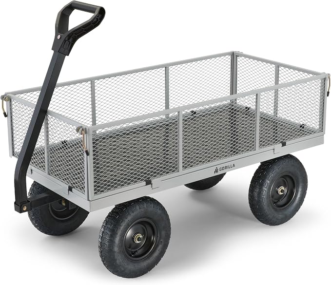 Gorilla Carts Steel Utility Garden Cart, 1,000-Pound Capacity, Gray - Heavy-Duty Outdoor Wagon with Removable Sides, 13-Inch Pneumatic Tires, and Convertible Pull or Tow Handle